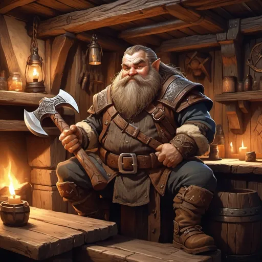 Prompt: dwarf character holding an axe in a tavern , fantasy character art, illustration, dnd, warm tone