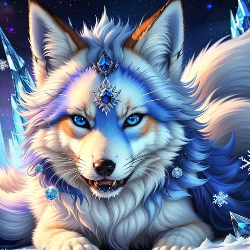 Prompt: (masterpiece, professional illustration, epic digital art, best quality:1.5), insanely beautiful female ((fox)), (canine quadruped), adolescent, ice elemental, deep blue pelt covered in frost, bashful hypnotic sapphire blue eyes, gorgeous silver mane covered in snowflakes, (plump), finely detailed fur, hyper detailed fur, (soft silky insanely detailed fur), moonlight beaming through clouds, grassy field covered in frost, cool colors, professional, symmetric, golden ratio, unreal engine, depth, volumetric lighting, rich oil medium, (brilliant auroras), (ice storm), full body focus, beautifully detailed background, cinematic, 64K, UHD, intricate detail, high quality, high detail, masterpiece, intricate facial detail, high quality, detailed face, intricate quality, intricate eye detail, highly detailed, high resolution scan, intricate detailed, highly detailed face, very detailed, high resolution