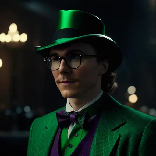 Prompt: Screen grab of {paul dano as the riddler}, in {classic 80s dark fantasy batman movies} {directed by tim Burton} perfect composition, hyperrealistic, super detailed, 8k, high quality, trending art, trending on artstation, sharp focus, studio photo, intricate details, highly detailed,happy face, by greg rutkowski