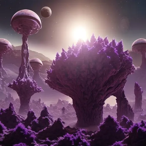 Prompt: Aliens on a planet made of purple marijuana realistic high quality detailed 