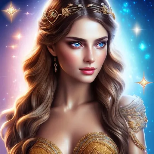 Prompt: HD 4k 3D 8k professional modeling photo hyper realistic beautiful woman ethereal greek goddess of loyalty
long blue hair brown eyes gorgeous face fair skin shimmering party dress jewelry headpiece full body surrounded by magical glowing light hd landscape background ancient greek festival 