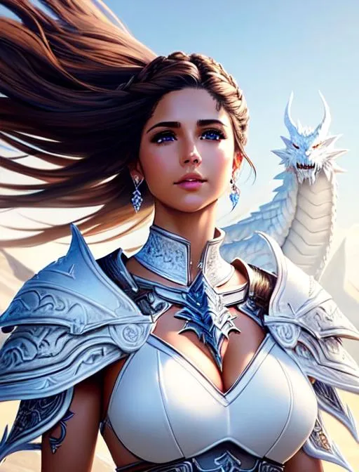 Prompt:  Naomi Scott riding large white dragon, sleeveless, brown hair, brown eyes, wearing white demon knight armor from FFXIV,, ethereal, happy, jewelry set balayage wild hair, royal vibe, highly detailed, highly detailed face, digital painting, Trending on artstation , HD quality, tan skin,artgerm,  by Ilya Kuvshinov 
