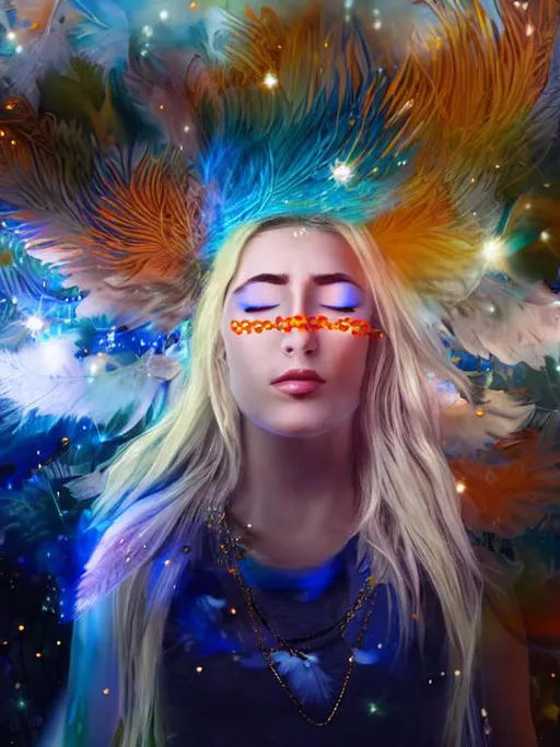 Prompt: Hyper Realistic meditating Blonde fit young woman in golden chains with blue horns and 3 sets of white blue orange feathers wings using orange and blue gradients fine detail third eye emphasis on wings white woman
