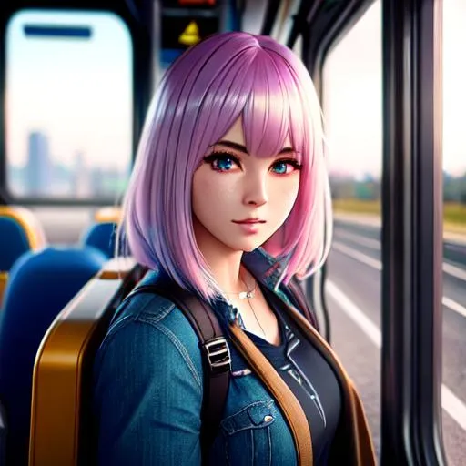 Prompt: Beautiful girl with pastel hair taking the bus, Highly Detailed, Hyperrealistic, sharp focus, Professional, UHD, HDR, 8K, Render, HD, Trending on ArtStation, Front view, Canon, 24mm, Sun rays, 
