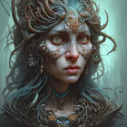 Prompt: Closeup face portrait of a Baba-Yaga, smooth soft skin, big dreamy eyes, beautiful intricate colored hair, symmetrical, anime wide eyes, soft lighting, detailed face, by Peter Mohrbacher, concept art, digital painting, looking into camera Model Configs

width 640; height 512; CFG Scale13; Steps 50; Sampler d dim