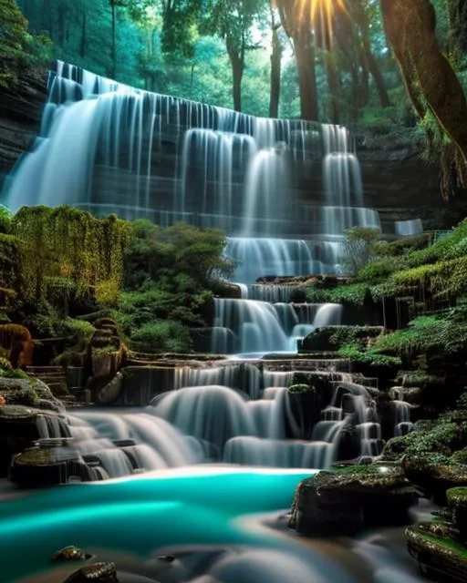 Prompt: Behold the ethereal beauty of a teal serenity mesmerizing waterfall captured by the remarkable Canon EOS R5. With the powerful Canon EF 16-35mm f/2.8L III USM lens, this photograph transports you to a tranquil oasis where water cascades gracefully amidst lush greenery. Taken during the magical golden hour, the soft, warm sunlight casts a mesmerizing glow over the scene, enhancing the vivid teal hues of the water. The long exposure technique used in this shot adds a dreamlike quality, creating a sense of serenity and capturing the graceful motion of the waterfall. Immerse yourself in the captivating allure of nature's masterpiece with this stunning photograph shot on Kodak Ektar 100 film.