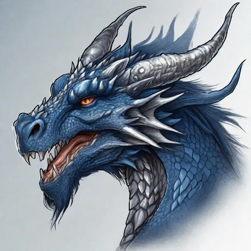 Prompt: Concept design of a dragon. Dragon head portrait. Coloring in the dragon is predominantly dark blue with subtle silver streaks and details present.