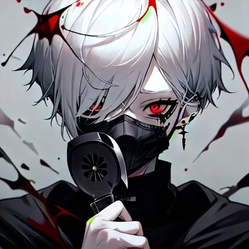 Prompt: (short white hair) 8k, UHD, close up, wearing a full face mask that covers his face and eyes, holding a knife up to his face, covered in blood, insanity, black earrings