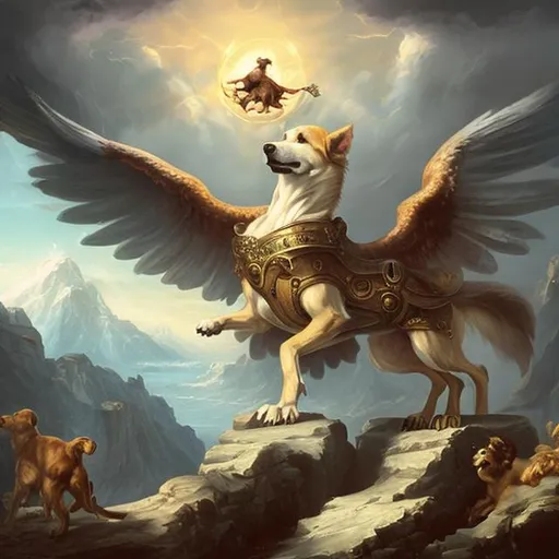 Prompt: A dog saving mount Olympus in mythical times
