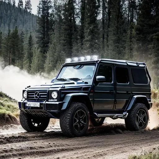 Prompt: mercedes g-wagen 6x6 in black, offroading on hard course, cinematic lighting, in a war zone, sourounded with mesh, mist in background