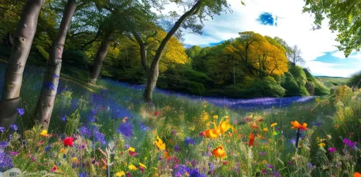 Prompt: an in focus photo of a lush vivid deciduous forest with a wildflower field in front and and a deep blue sky above with fluffy clouds