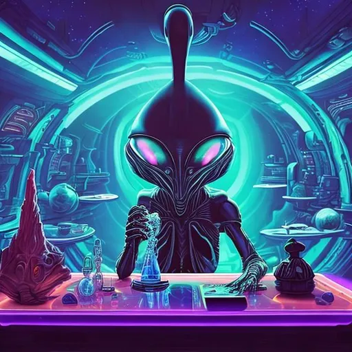 Prompt: widescreen, infinity vanishing point, overhead lighting, alien smoking a crystal bong,  fancy table , in an exotic space cantina, stunning galaxy background