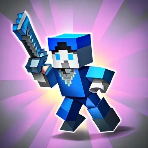 Prompt: Blocky man, blue T-Shirt, Diamond sword in one hand