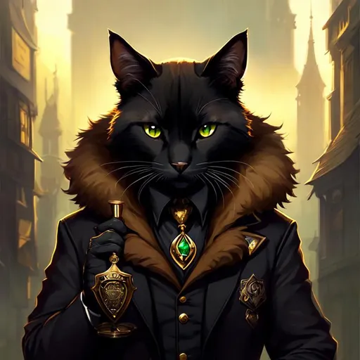 Prompt: Sherlock, posh, sophisticated, anthropomorphic ((black)) cat, ((green eyes)), brown fur, investigator, detective, furry, pretty, beautiful, DnD character art portrait, matte fantasy painting, DeviantArt Artstation, by Jason Felix by Steve Argyle by Tyler Jacobson by Peter Mohrbacher, cinematic lighting