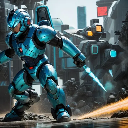 Prompt: mega man X on a battlefield, perfect composition, hyperrealistic blue and turquoise light armor, super detailed buildings, 8k, high quality, trending art, trending on artstation, sharp focus, intricate details, highly detailed futuristic environement  