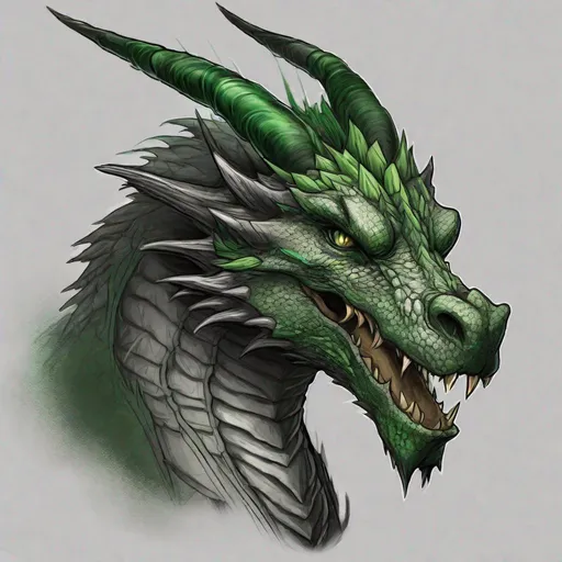 Prompt: Concept design of a dragon. Dragon head portrait. Coloring in the dragon is predominantly dark gray with forest green streaks and details present.