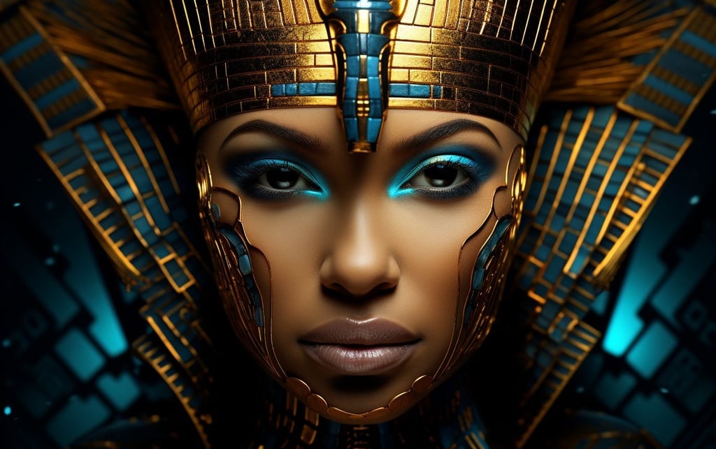 Prompt: digital art by sandinov on a beautiful woman, in the style of gold and cyan, egyptian x egyptian patterns, stripes and shapes, harsh realism, ramses younan, made of liquid metal, mark brooks, close-up shots