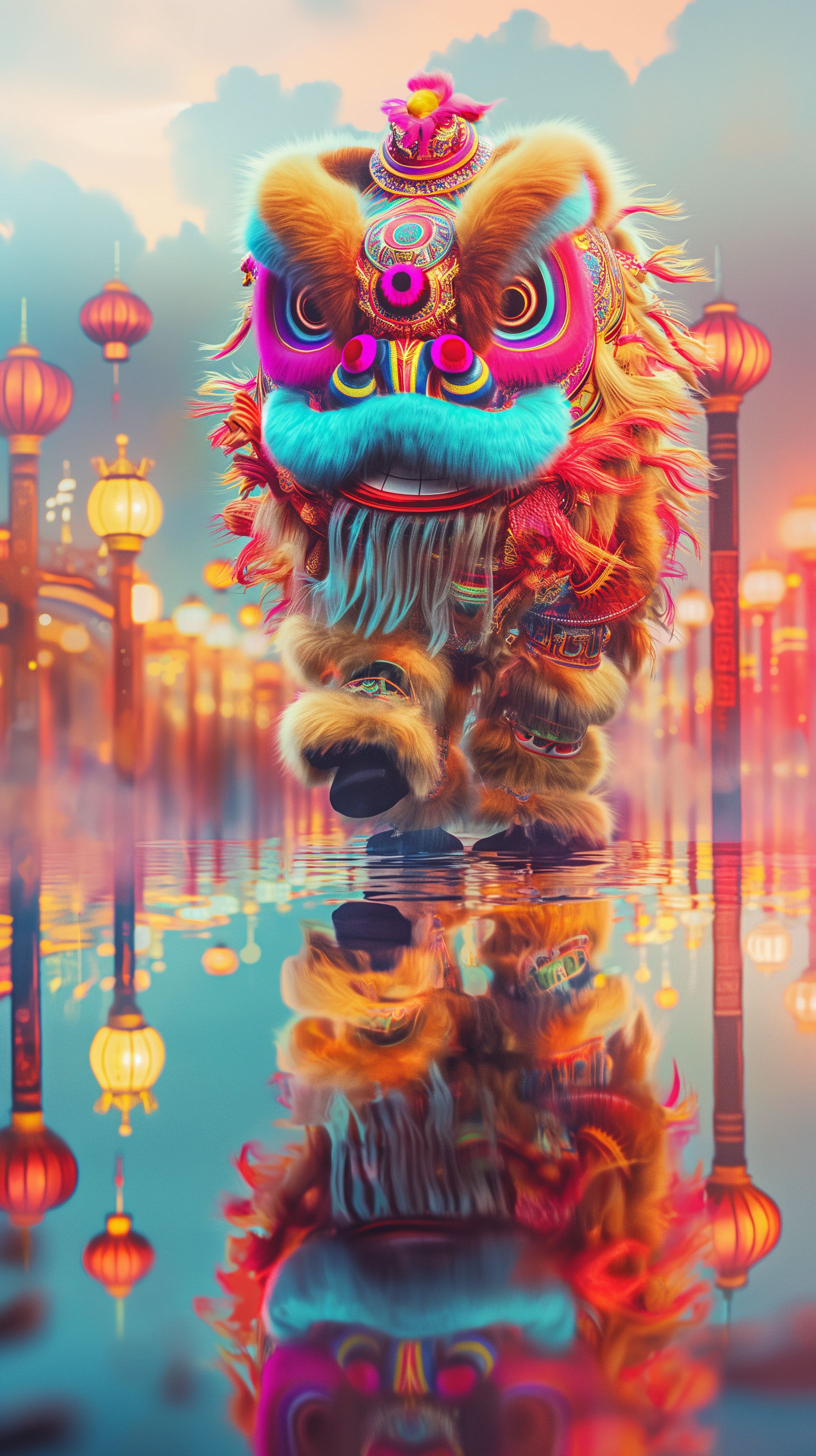 Prompt: realistic chinese lion jumping over poles, fluffy fur, adorable colorful face, bright glowing eyes, perfect reflection in the water under the poles they are standing on, colorful asian city backround, peace --ar 9:16 --v 6.0
