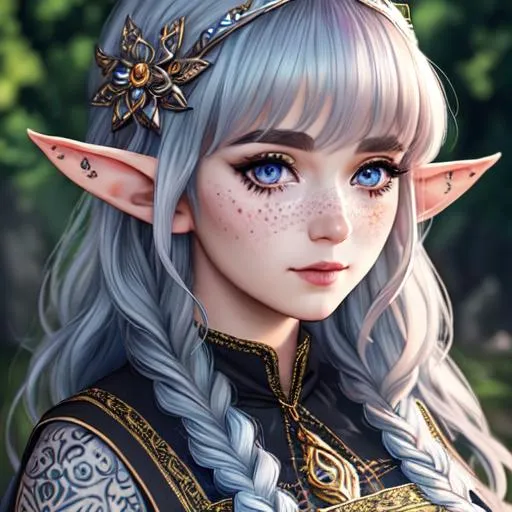 Prompt: half body portrait, elf, detailed face, detailed eyes, full eyelashes, ultra detailed accessories, detailed village background, simple apron dress, short curly messy hair, bangs, dnd, artwork, fantasy ,inspired by D&D, concept art, ((looking away from viewer)), ((muted colors)), freckles, tattoos, ((faded colors)), ((art inspired by Agnes Cecile))