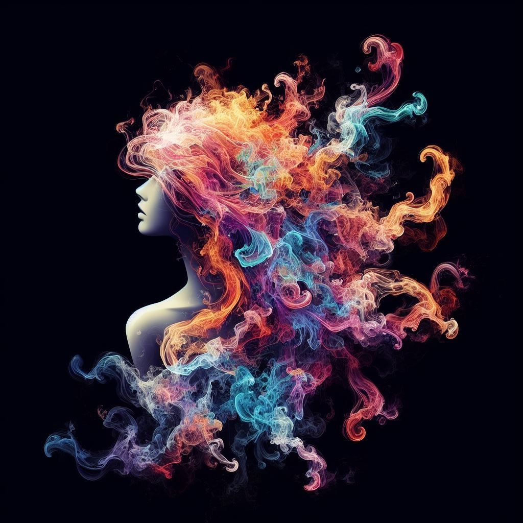 Prompt: vector transparent girl made of colorful smoke and fire