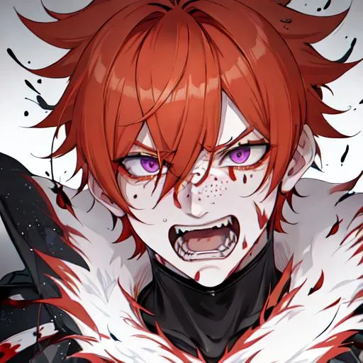 Prompt: Erikku male adult (short ginger hair, freckles, right eye blue left eye purple) UHD, 8K, Highly detailed, insane detail, best quality, high quality, covered in blood, covering his face with his hand, wide eyes, insane, fear, threatening, laughing, angry, fighting, psychopathic, anime style,