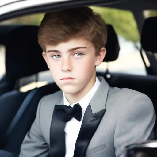 Prompt: Attractive 16 year old boy in a tuxedo driving a car 