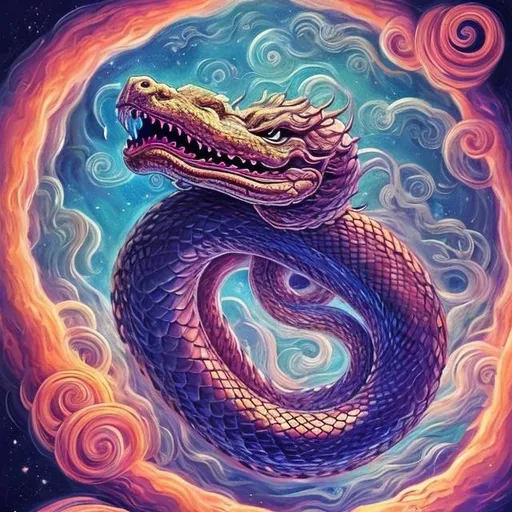 Prompt: Title: "The Serpent in Celestial Harmony"

Description: Imagine a celestial landscape with a serene, heavenly atmosphere filled with fluffy clouds and radiant light. In the midst of this heavenly scene, depict a coiled serpent. However, instead of appearing menacing, the serpent could be portrayed as a guardian or a symbol of transformation.

You can add elements like vibrant colors, intricate patterns on the serpent's scales, and a calm expression on its face to emphasize the idea that even something typically considered "bad" can exist in harmony within a heavenly setting. This artwork can convey the message that balance and unity can be found in unexpected places.

Feel free to adapt this concept to your artistic style and preferences. The key is to challenge conventional notions and create a thought-provoking piece of art that sparks curiosity and contemplation.