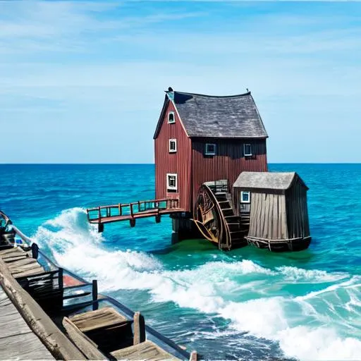 Prompt: Watermill is swimming in the ocean, waterwheel, sea, ocean 