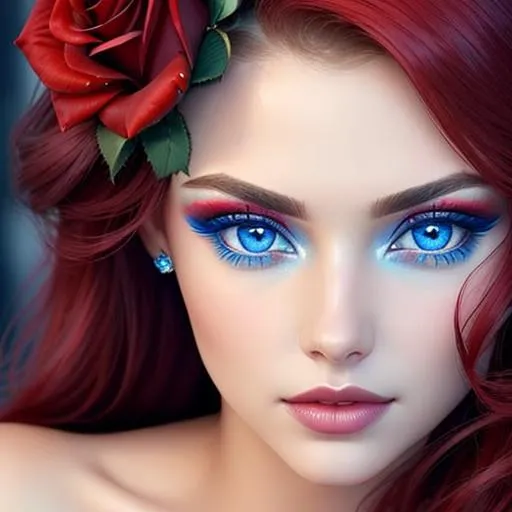 Prompt: Beauty, Beautiful and Gorgeous red roses in hair,  icy blue eyes,pretty makeup, facial closeup