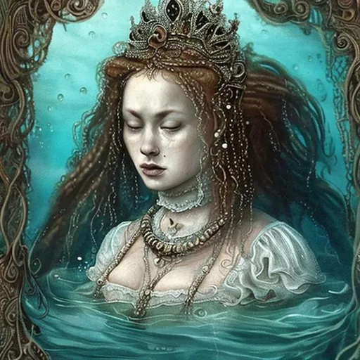Prompt: woman in 16th century dress underwater crying.  hair, elaborate hair, fabric, lace, bubbles. French hood, jewels, queen.  deep water.