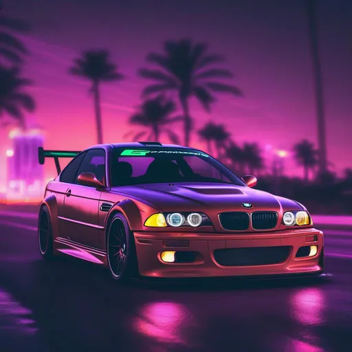 Prompt: 2001 BMW M3 E46 GTR, synthwave, aesthetic cyberpunk, miami, highway, dusk, neon lights, coastal highway, dusk, neon lights, coastal highway, sunset, drift