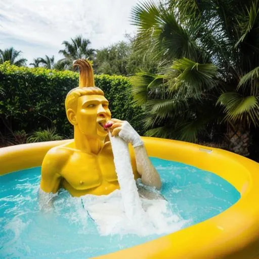 Prompt: 8 foot tall man eating a banana while sitting in a jacuzzi 