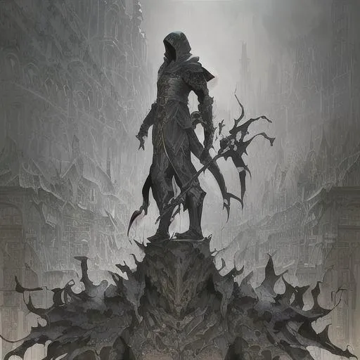 Prompt: photo a closeup of a single hooded armored cleric man standing on a building in an ancient gothic city, dark fantasy, drawn by Anthony Chong Jones, centered, intricate, elegant, masterpiece, highly detailed, concept art, smooth, sharp focus, character design, gothic, by Shi Zhonggui, art style of marc simonetti, necromancy, intricate depth and detail, character centered on image, anime