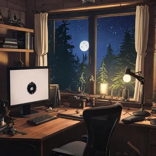 Prompt: Desk setup for a PC gaming streamer during gothic era. It is midnight outside of the window. Show a full moon and stars. Outside of the window, there is a horizon of forestry from a Redwood forest. It is dark outside. There are stars in the sky