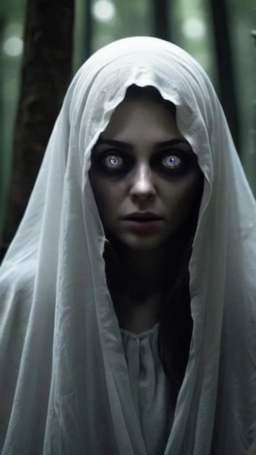 Prompt: horrifying female ghost with beautiful eyes, photorealistic, dark forrest
