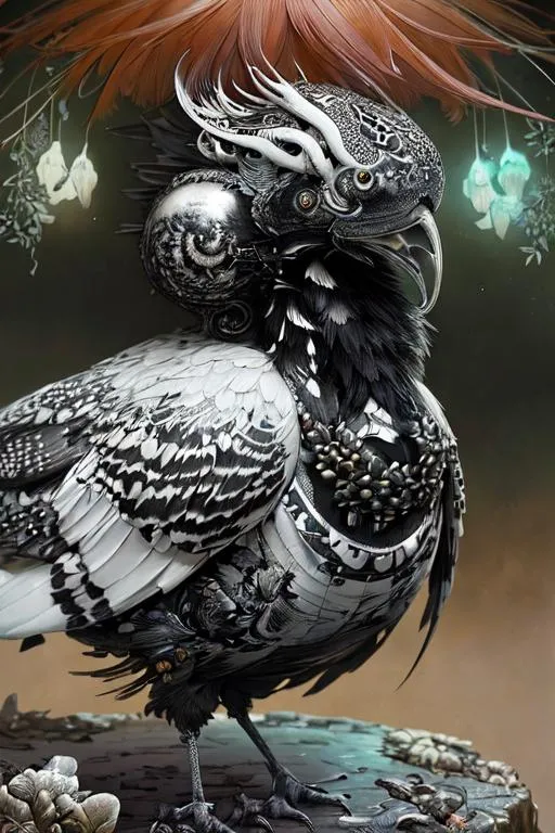 Prompt: A black and white colored chicken. Intricate details. spring garden background. Art by  jean Baptiste monge, ismail inceoglu, Victo Ngai, Sherry Akrami, Anna Dittman, Lucie Bilodeau, Laura Diehl, catrin welz-stein, Paul Delaroche. Highly detailed. Cinematic, polished finished. 3d.  