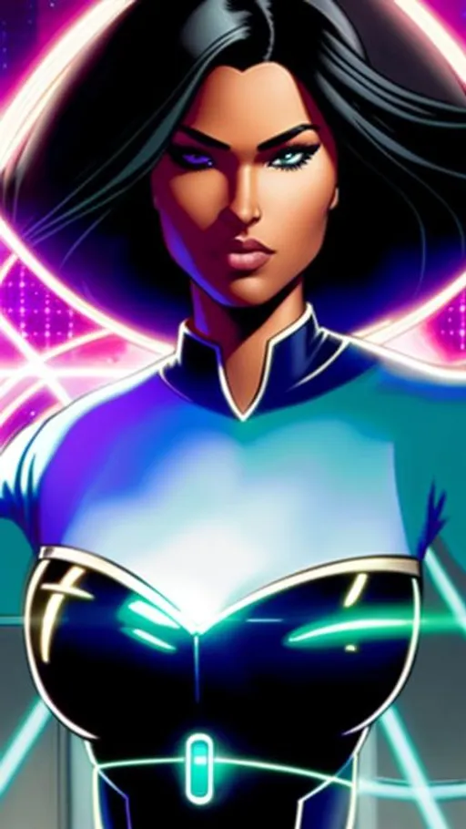 Prompt: Hope Alguin--dark-skinned curvaceous cyborg beauty--uses a quantum computer to scan the Omniverse for any trace of her lost android muse-brother, Philo Layne. art by Juan Gimenez and Adi Granov