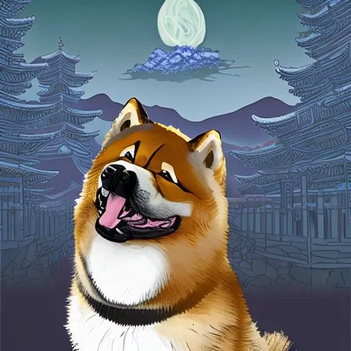 Prompt: akita inu dog as japenese, temple, sakura, garden, night, vector style, fantasy, temple