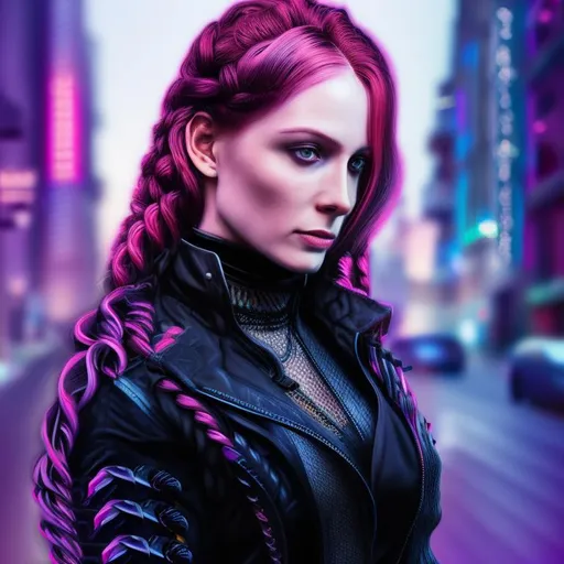 Prompt: A hyper realistic detailed character poster ((full body)) image of a ((beautiful woman)), with intricate ((cyberpunk clothes)) with braided ((ginger ombre hair)). Wearing ((gothic ctberpunk dress)), highly detailed, digital painting, Trending on artstation, HD quality, ((by Prywinko)), ((sexy))