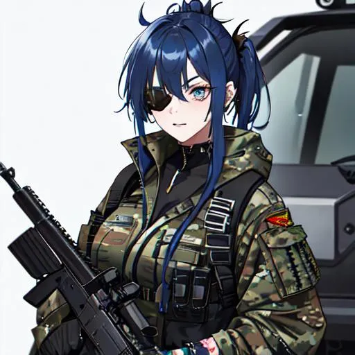 Prompt: (blue Messy hair with front spikes) wearing a eye patch that covers her right eye, wearing a camo military uniform, tattoos on her arms, holding a gun