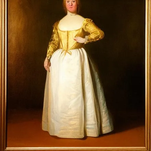 Prompt: full body portrait of a young lady with golden hair, dark background, oil painting, goya style