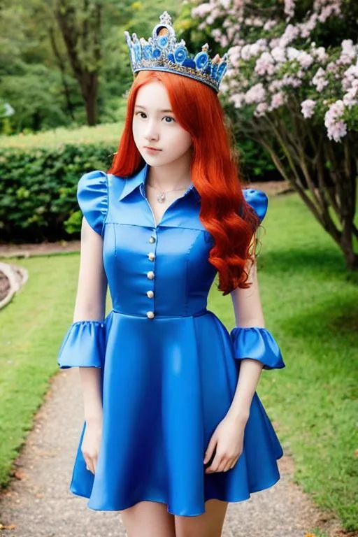 Prompt: Girl 17yo, Queen blue dress, Queen crown, red hair,