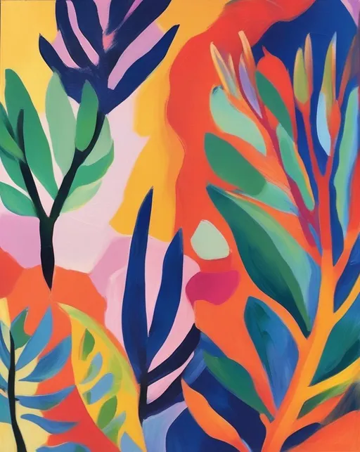 Prompt: A fauvism-inspired artwork celebrating the joy of nature with bold colors and organic shapes. Capture the image with natural light to enhance the vibrancy.