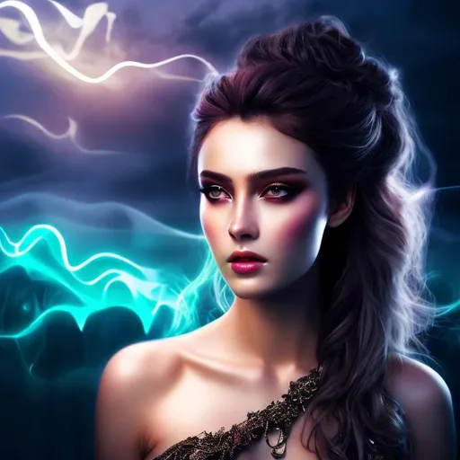 Prompt: HD 4k 3D 8k professional modeling photo hyper realistic beautiful woman ethereal greek goddess of poison, misery and sadness
white hair brown eyes gorgeous face dark skin red shimmering dress jewelry full body surrounded by dark magical glowing light hd landscape background of enchanting mystical fog mist 