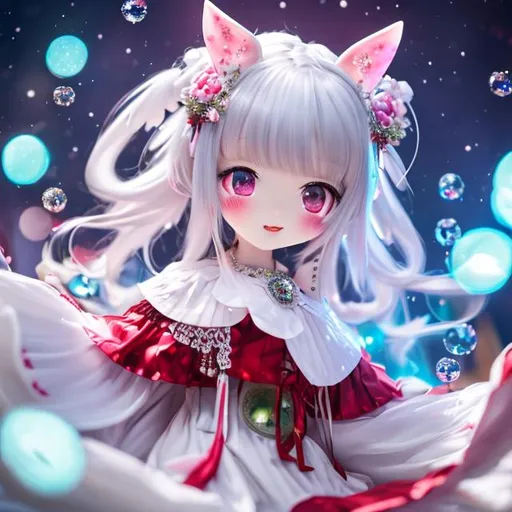Prompt: (masterpiece, best quality:1.2), illustration, absurdres, highres, extremely detailed, 1 petite girl, black long hair, white bunny ears, black eyes, eye highlights, red and white shrine maiden outfit,  ice cage, fluttering crystal, upper body, night, depth of field, (:d:0.8), chromatic aberration abuse, pastel color, Depth of field, blue tint,(blue fog:1.3)