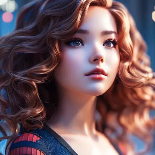 Prompt: hyperdetailed, medium red wavy hair anime girl, wears spider man clothing without a hat, detailed face, detailed body, full body shot, whole body visible, full character visible, soft lighting, high definition, ultra realistic, 2D drawing, 8K, digital art, zoomed out, looking away from camera