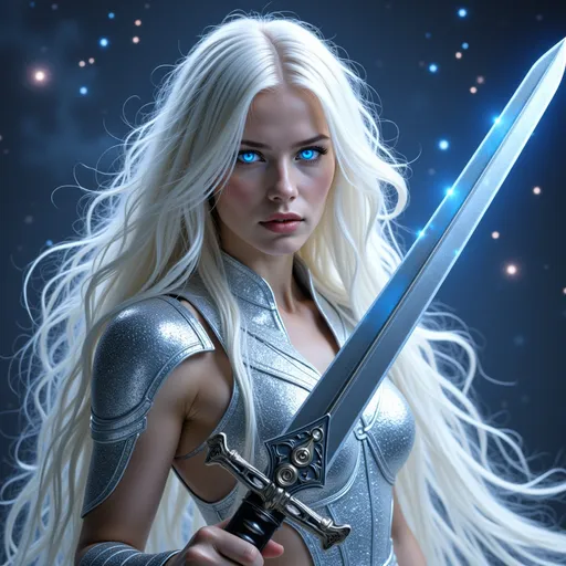 Prompt: she is in glittering silver armor, her eyes glow with blue light,, she is holding a very ornate sword it is silver, and it glows brightly with blue energy. In the background is the universe with star clusters and nebula,s and gas formations, her hair and cape is blended into the universe behind her she is transparent