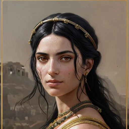 Prompt:  Portrait of a beautiful  Ancient Greek woman with Black hair and olive skin with a beautiful face. Dark eyes.  perfect composition, hyperrealistic, super detailed, 8k, high quality, trending art, trending on artstation, sharp focus, studio photo, intricate details, highly detailed, by greg rutkowski