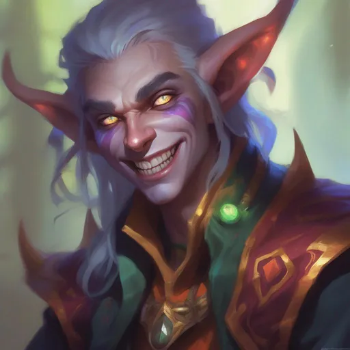 Prompt: d&d eladrin arcane trickster, mad toothy grin, heroic, brightly glowing eyes, badass, magic AF, colorful, chaotic, dangerous, hi res, lucky, dude, gorgeous, long elf ears, unhinged, creepy