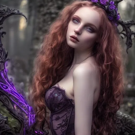 Prompt: HD 4K 3D Stunning, magic, cinematic potrait of gothic nymph, long, curly redhead hair, lovely, romantic, tender, purple light, sunstrails, perfect female beauty, intricate, pale traslucent skin, magic, rich black dress, ethereal, goldn ratio, look in camera, gorgeous body, gorgeous eyes